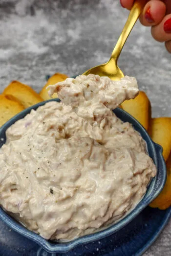 Creamy Portuguese tuna dip served with toasted bread slices.