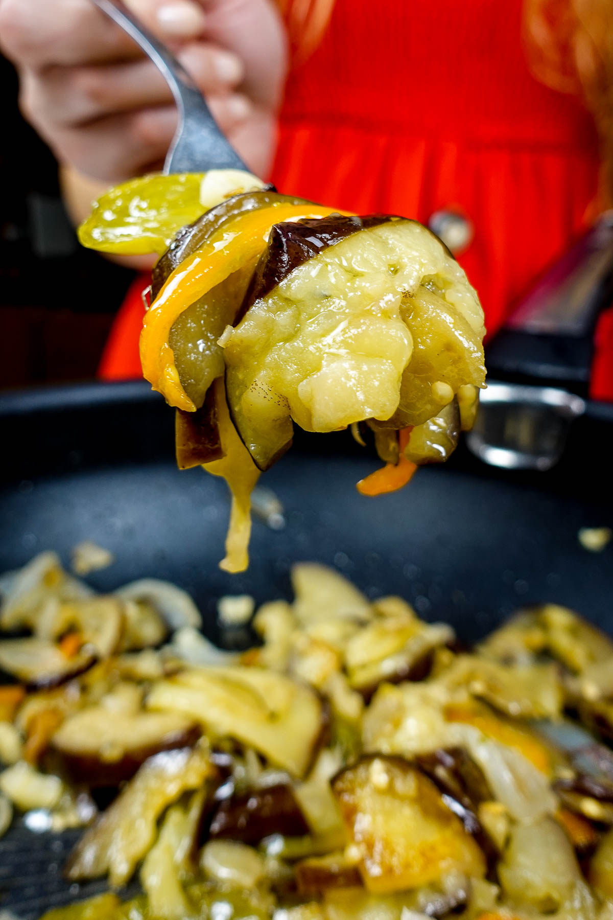 A fork with mediterranean sautéed vegetables