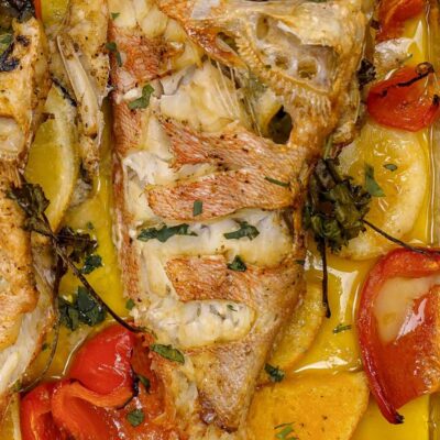 Mediterranean Baked Rosefish Served