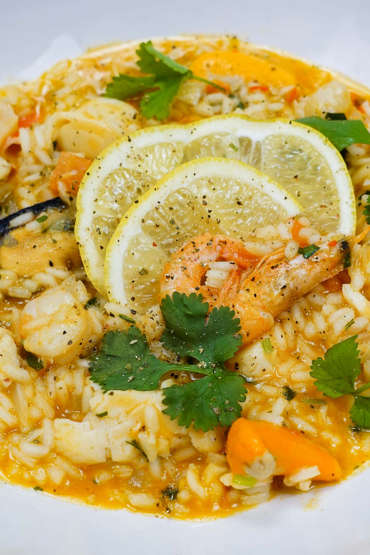 Seafood rice bowl with fresh lemon slices and cilantro on top
