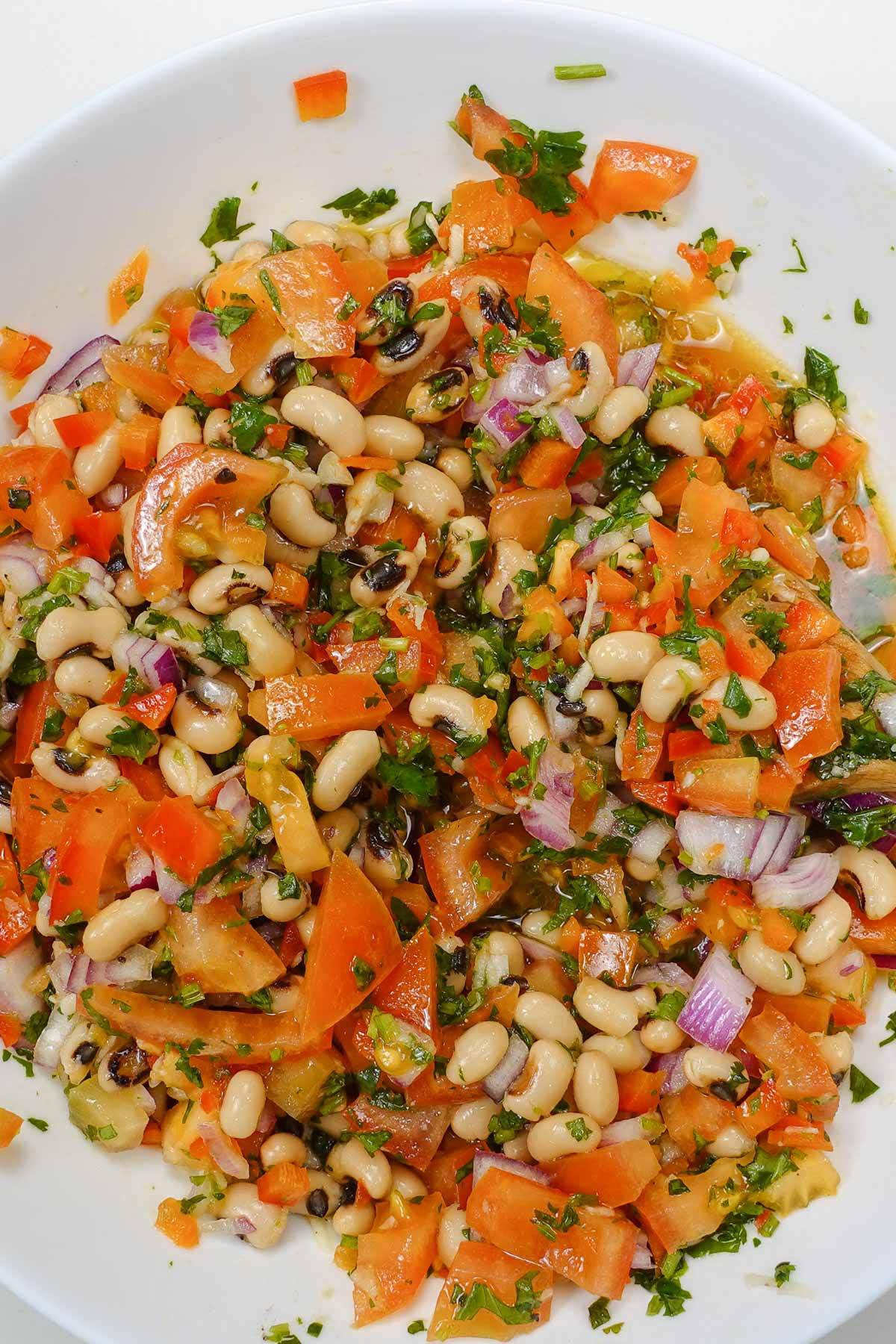 A bowl with ready Portuguese Black Eyed Pea Salad