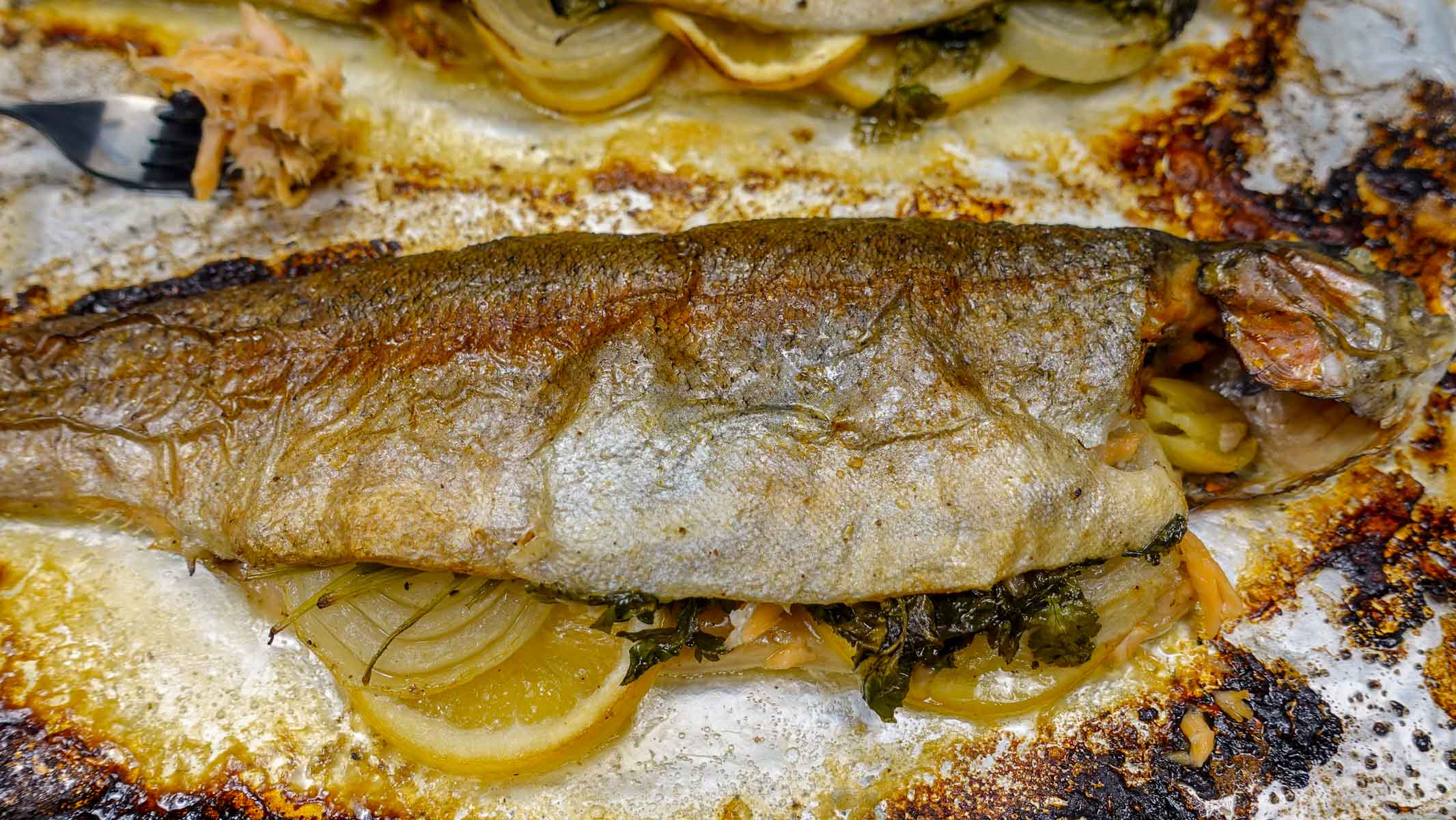 Tray with baked whole rainbow trout.