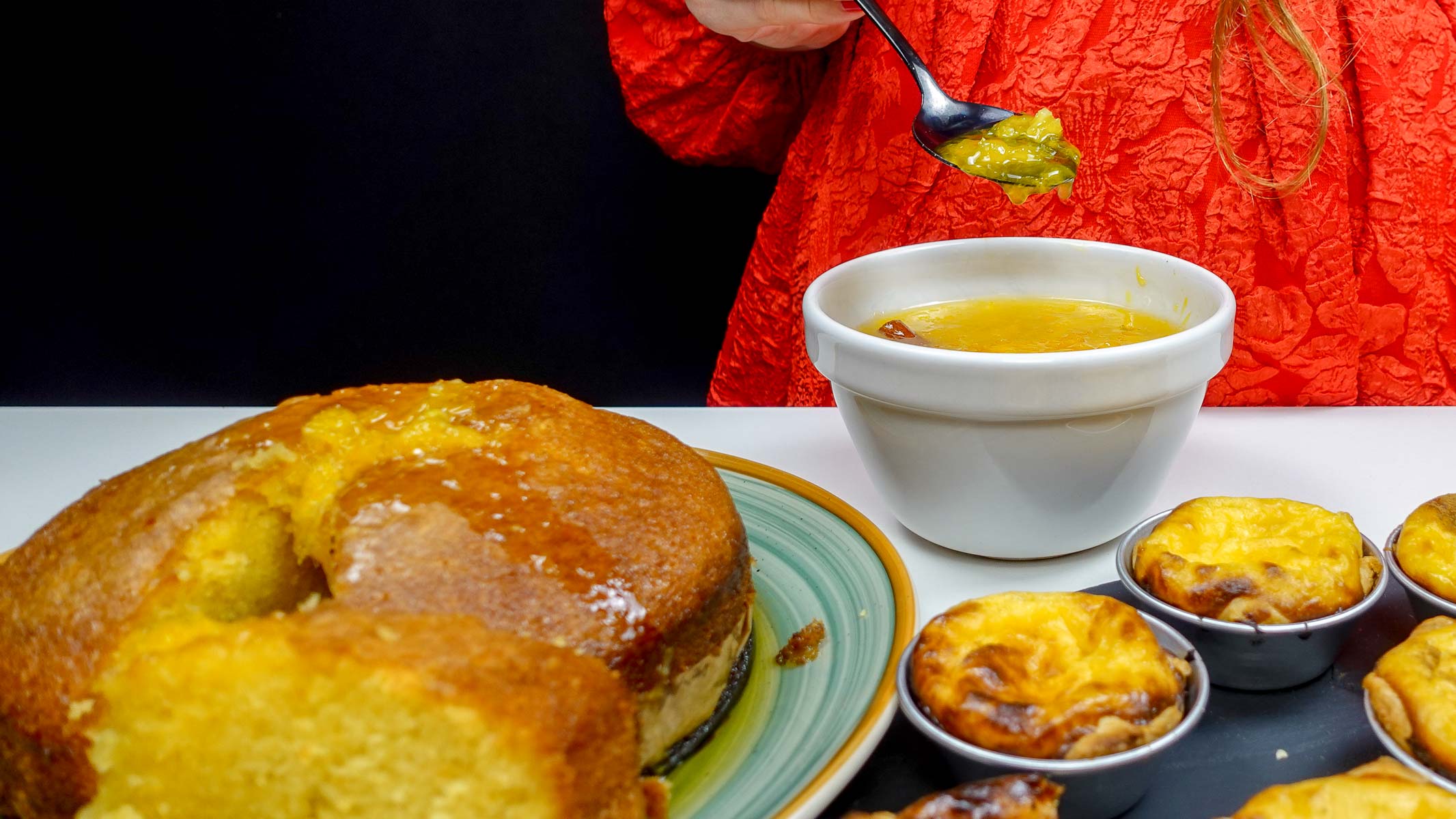 Portuguese orange cake with custard tarts and Helena serving orange marmalade.